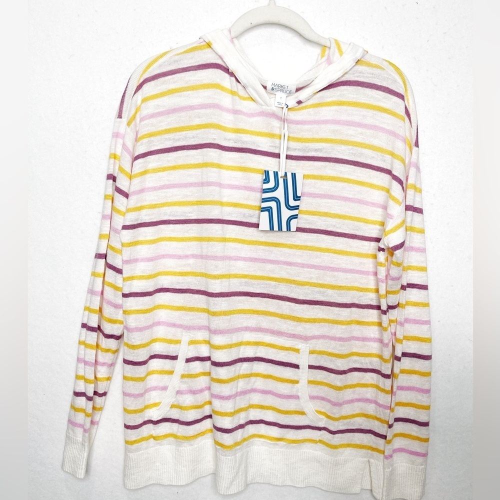 Market & Spruce Striped Lightweight Hooded Sweater Kangaroo Pocket Linen Blend